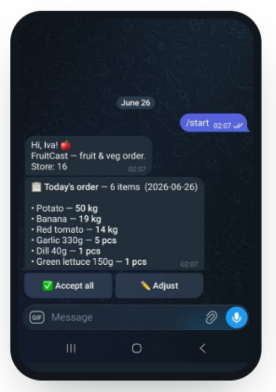 Concept mockup: a six-item morning order for one store with Accept all and Adjust buttons.